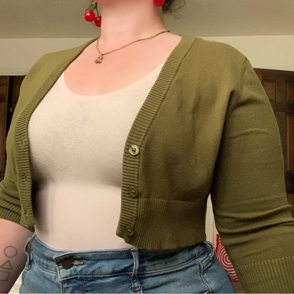 ModCloth Cropped Green Cardigan 3/4 Sleeve